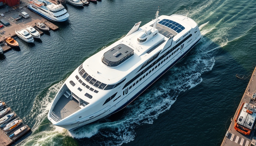 Largest electric ship in a busy port, aerial view.