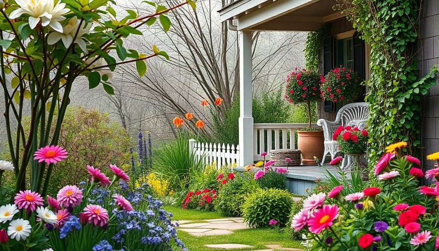 Charming spring garden with blooming flowers and cozy porch.