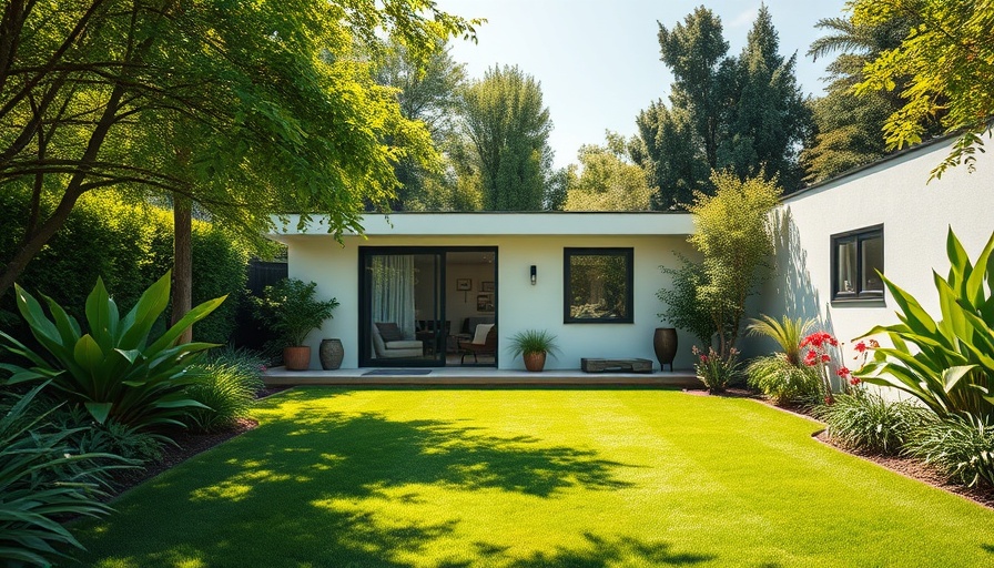 Modern backyard studio surrounded by green landscape.