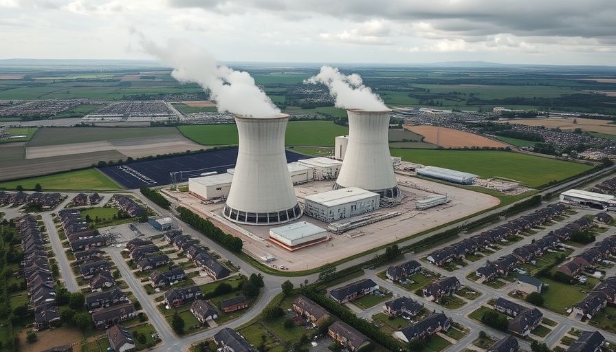 Nuclear power plant near suburban homes, cloudy sky overhead.
