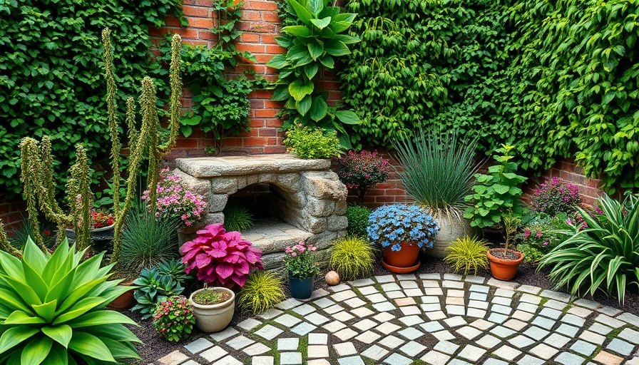 Charming small garden with lush plants and cobblestone path.