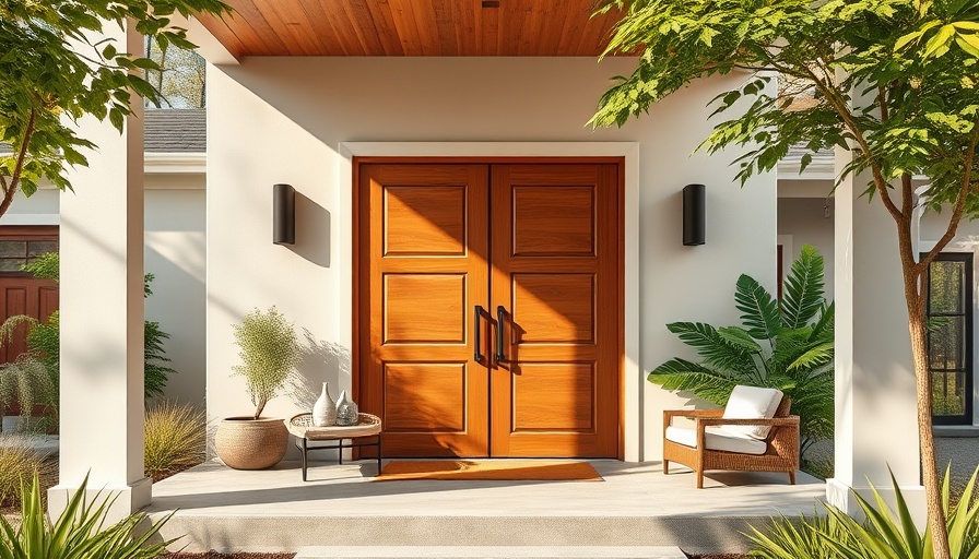 July home checklist, modern porch with wooden doors and greenery.