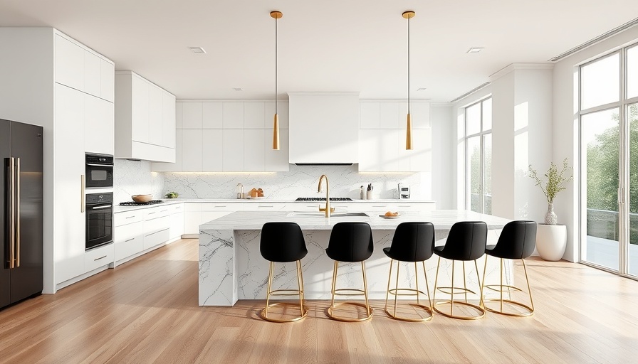 Modern kitchen with marble island and black stools, stylish ideas for 2025.
