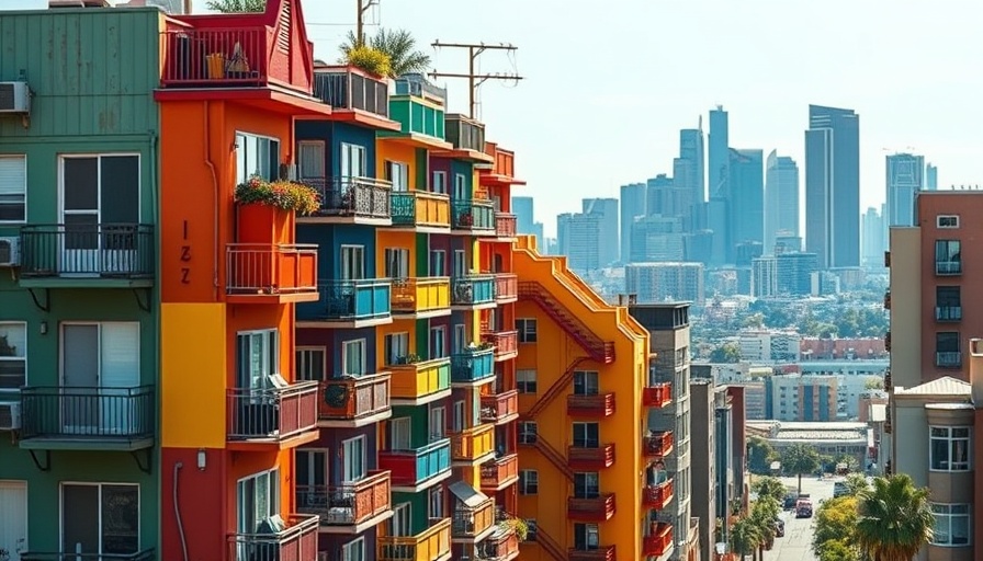Aerial view of Los Angeles neighborhood with vibrant buildings and skyline.
