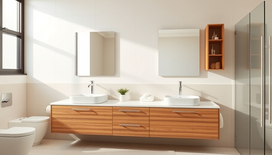 Modern California home bathroom with dual sinks and minimal decor.