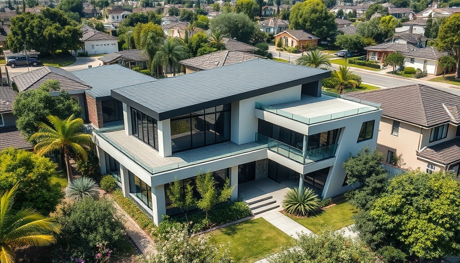 Modern house design with lush greenery background.
