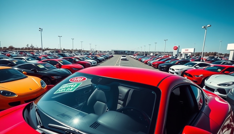 Car dealership with red sports car and sticker system in place.
