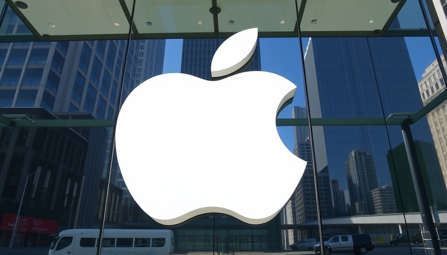 Apple logo on modern glass building, urban reflections.