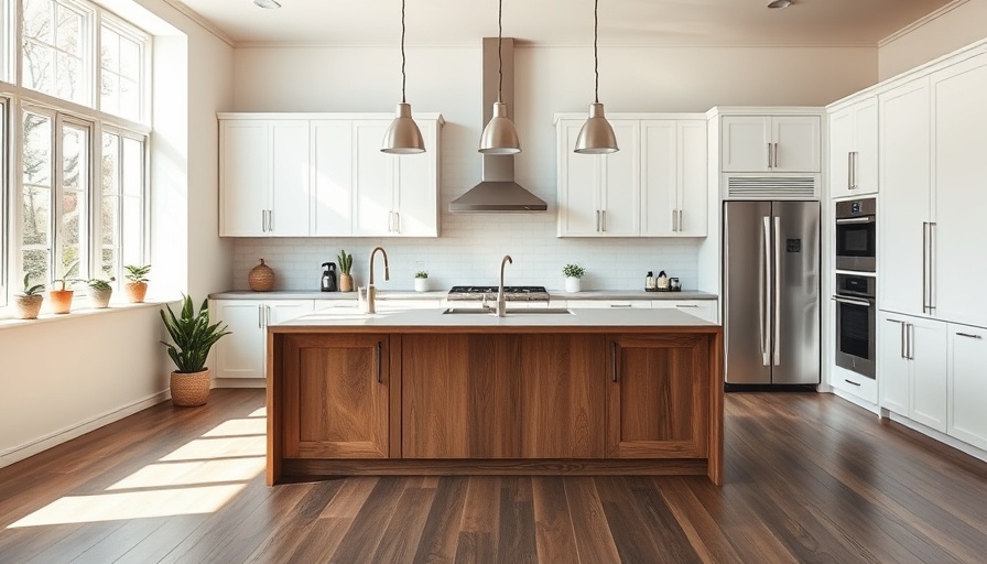 Modern open floor plan kitchen design with wooden island.
