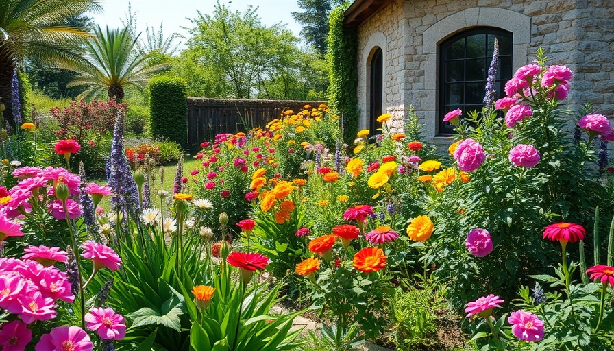 Low-maintenance plants in a vibrant, easy-care garden next to a stone house.
