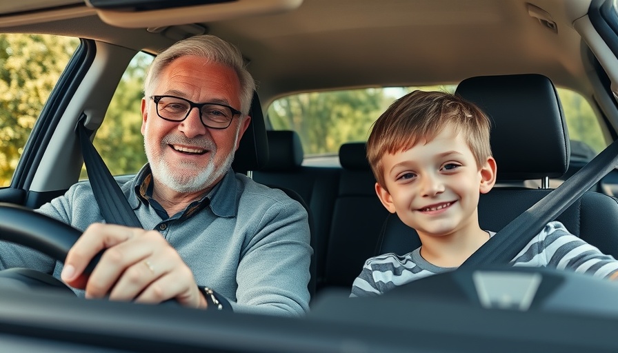 Smiling father and son driving together, discussing front seat safety.