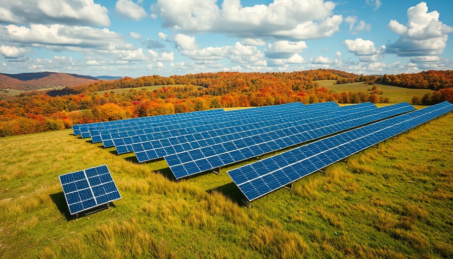 Aerial view of solar panels in green meadow highlighting renewable energy.