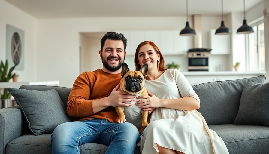 California first-time homebuyers relaxing with dog in modern home.