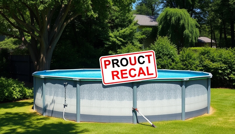 Above-ground pool with product recall notice in a sunny backyard.