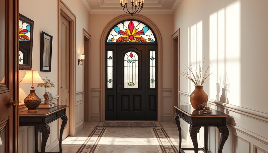 Light-filled hallway with elegant decor and stained glass door.