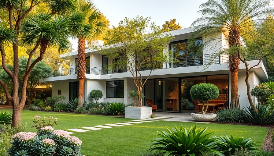 Modern California home with cooling landscape design and lush greenery.