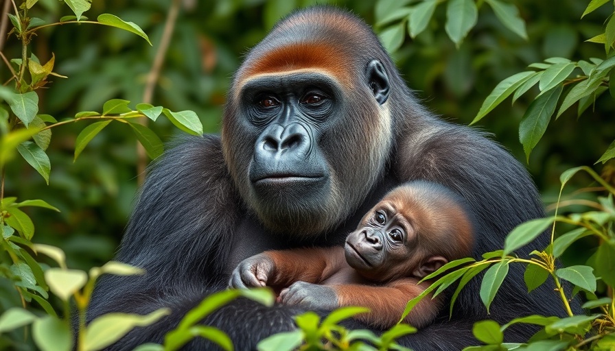 Adult gorilla in DRC jungle, peaceful with baby, nature impact