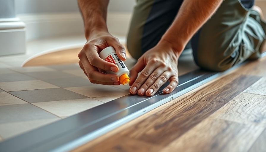 Person installing floor transition strip with glue on geometric tile and hardwood.