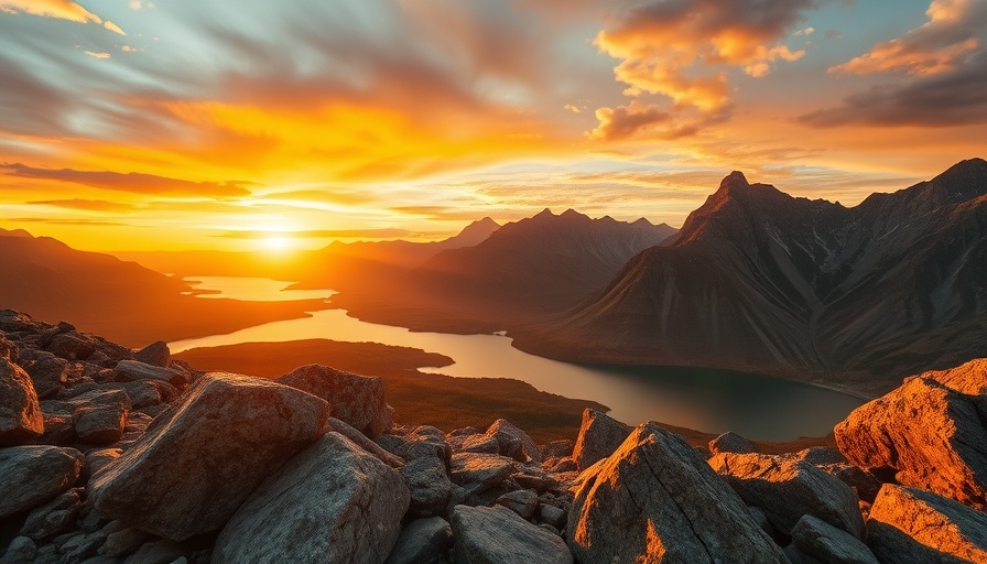 Breathtaking sunset over rocky landscape, serene mountain view.