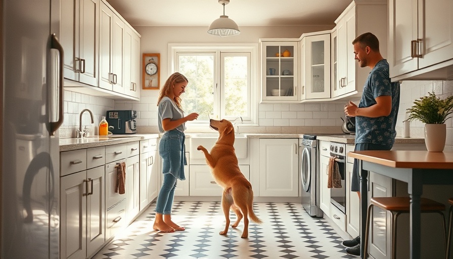 Charming L.A. kitchen with playful pets and natural lighting.