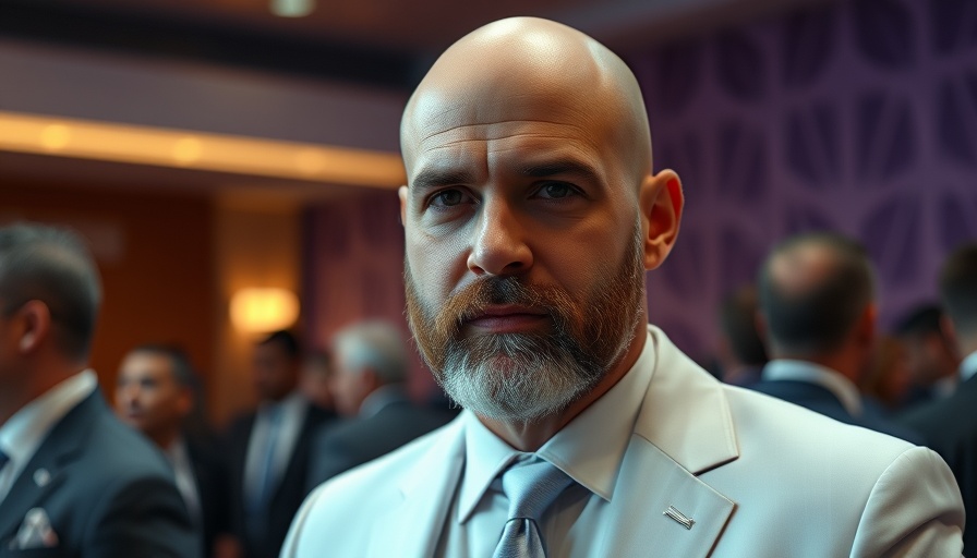 Man in white suit at event, neutral expression