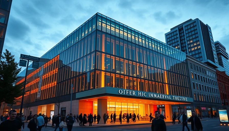 Artsy Adventures in Durham showcased in a modern glass theater building at night.