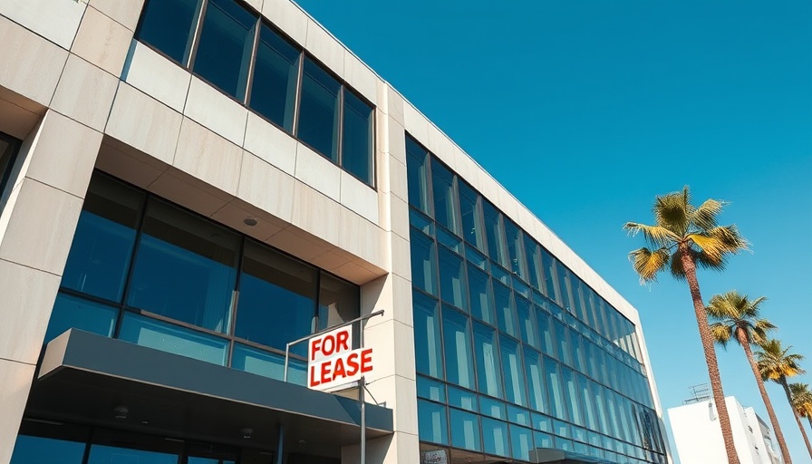 Modern office building with 'For Lease' sign in Los Angeles.