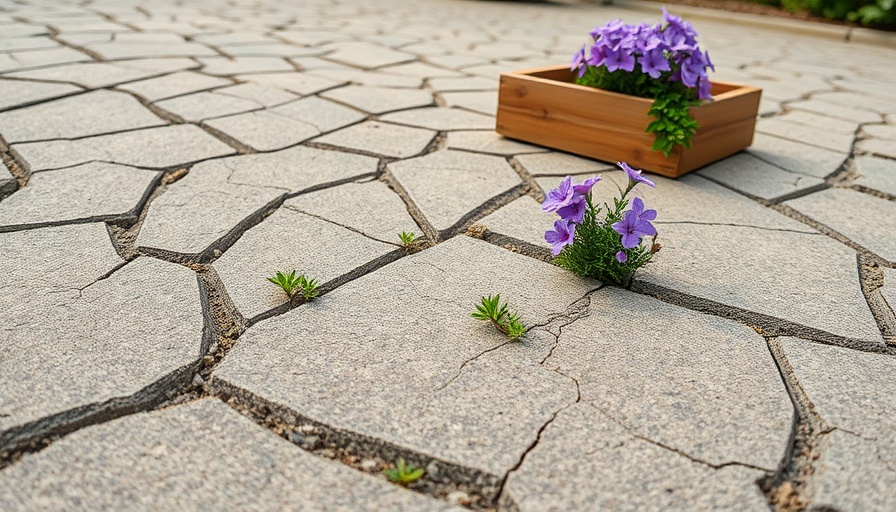 DIY driveway crack repair with plants and flowers.