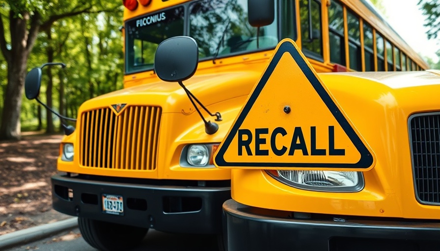 Yellow school bus with product recall sign indicating fire risk.