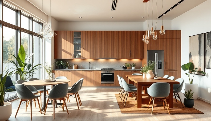 Modern kitchen and dining area in California homes, with warm, inviting decor.