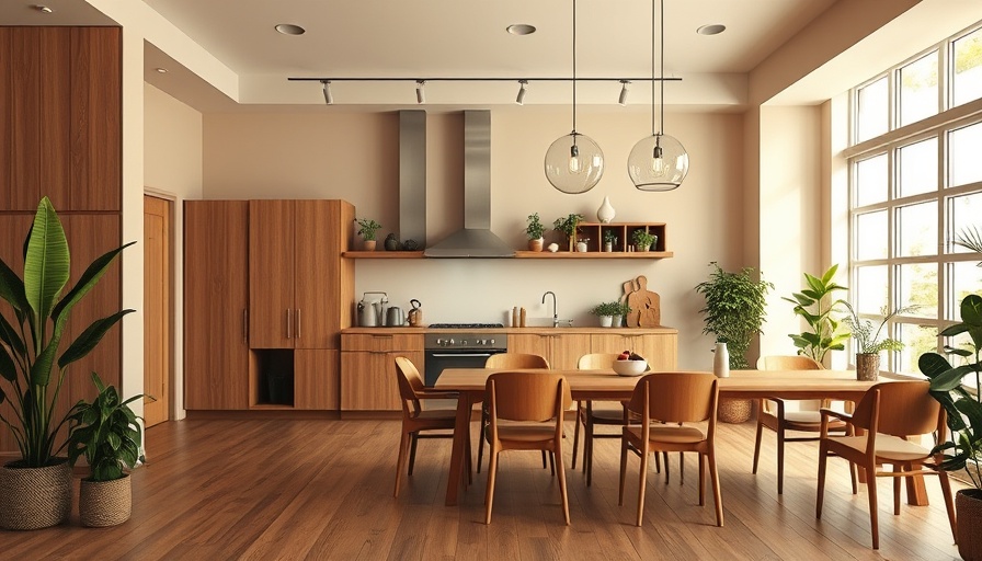 Modern California home interior with kitchen and plants.