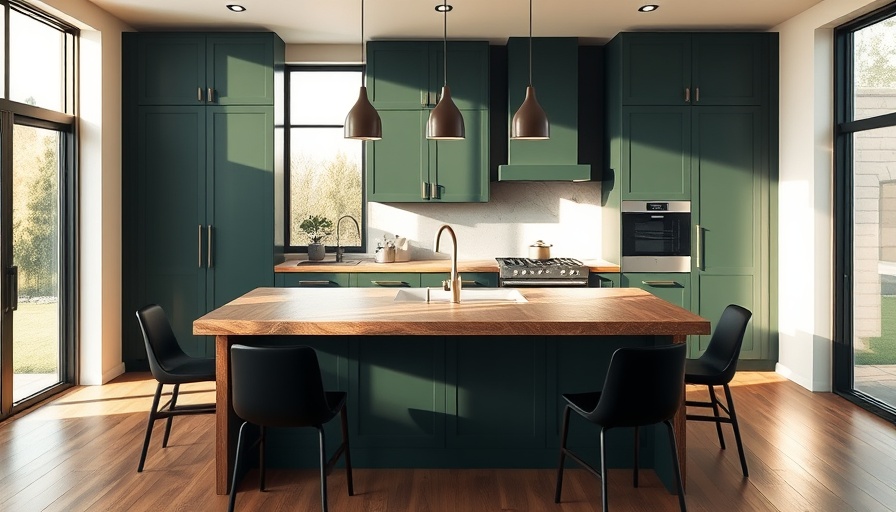 Elegant kitchen with stylish wooden island and dark cabinetry.