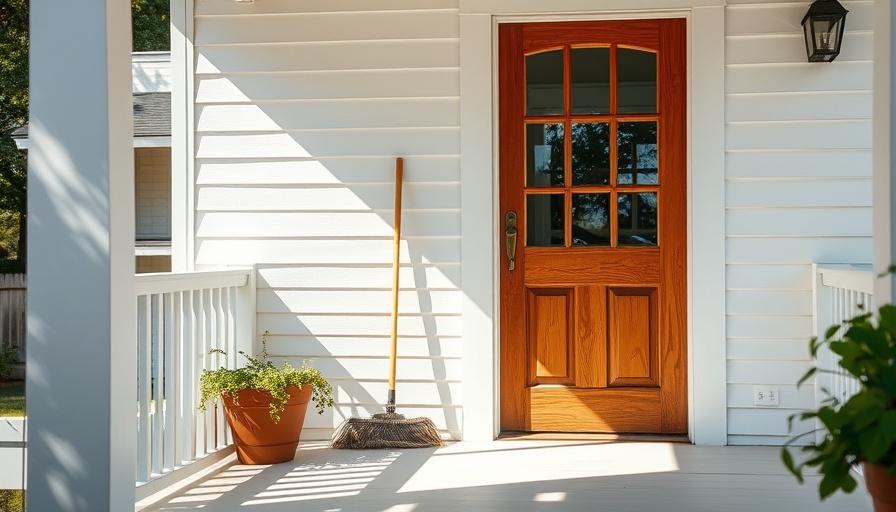 Inviting front porch with a wooden door and plant, showing easy ways to refresh your front porch.