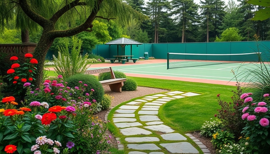 Peaceful garden setting with tennis court and painted shed in autumn.