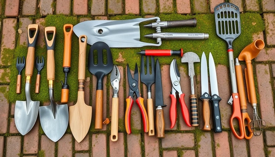 Essential gardening tools for homeowners on a brick patio.