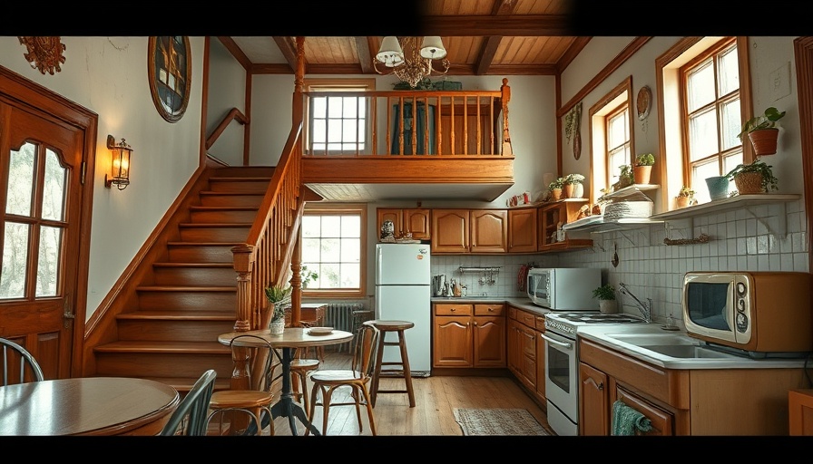 Vintage home design with classic wooden stairway and retro kitchen.
