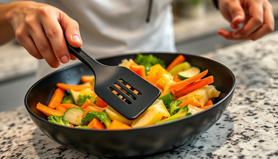 Close-up of cooking with black plastic utensils highlighting health risks.