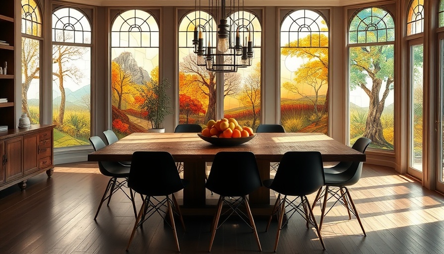 Elegant dining room in California home with stained glass windows.