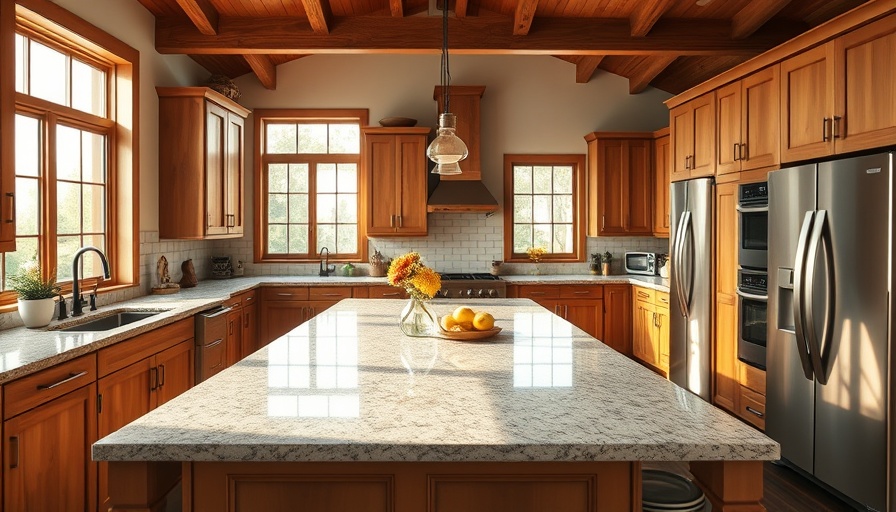 Spacious modern farmhouse kitchen with granite island and wooden cabinets.