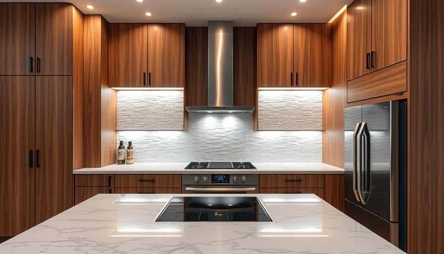 Modern kitchen in California home for sale, featuring sleek wooden cabinets.