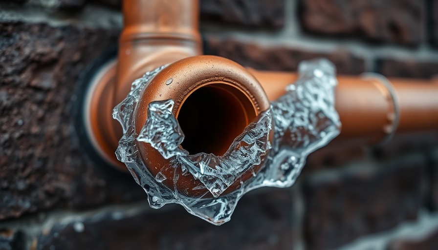 Prevent Frozen Pipes: Icy brown pipe close-up against a brick wall.