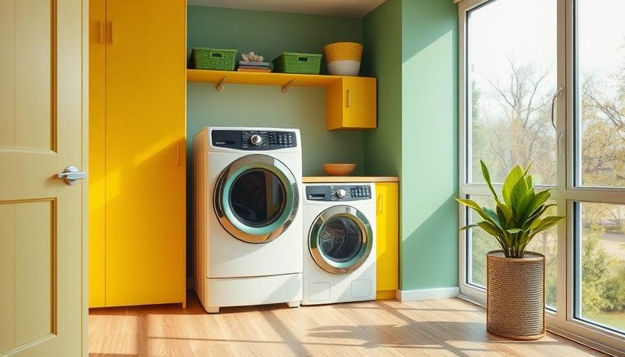 Stylish laundry rooms with bright yellow cabinets and green door.
