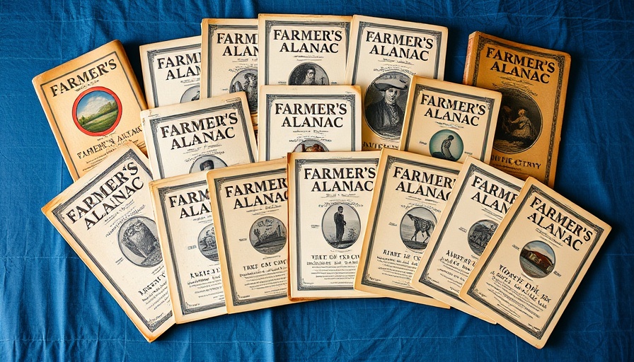 Farmer’s Almanac weather predictions in vintage editions on blue surface.