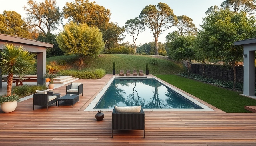 Modern sloped lot outdoor oasis with pool and deck.