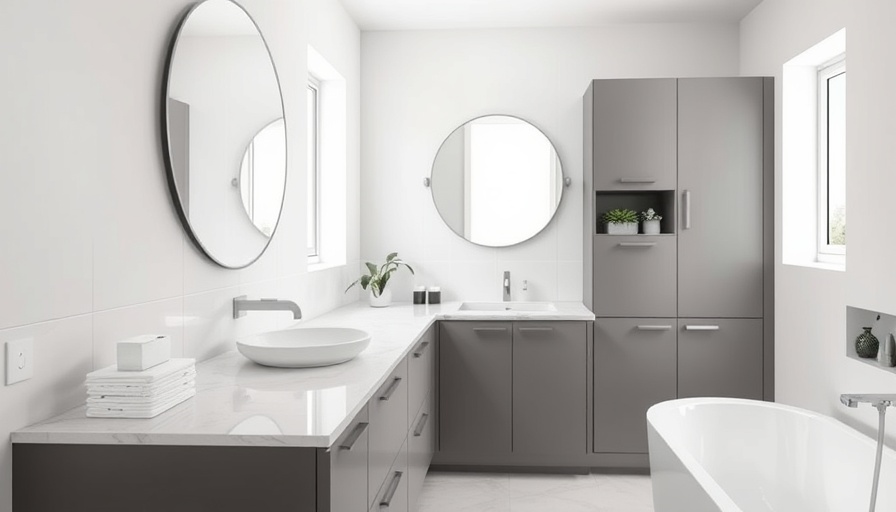Modern bathroom showcasing golden rules of bathroom design, gray cabinetry, and marble.