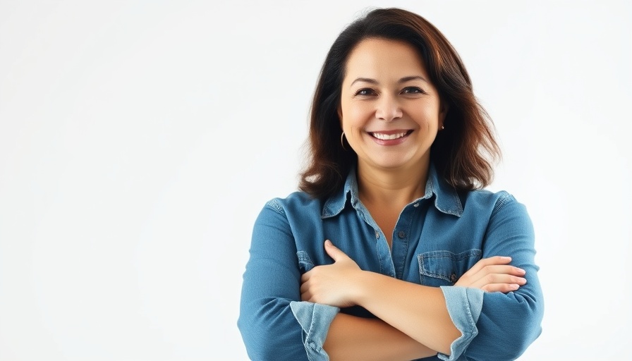 Smiling woman embracing turning 46 in healthful denim style.