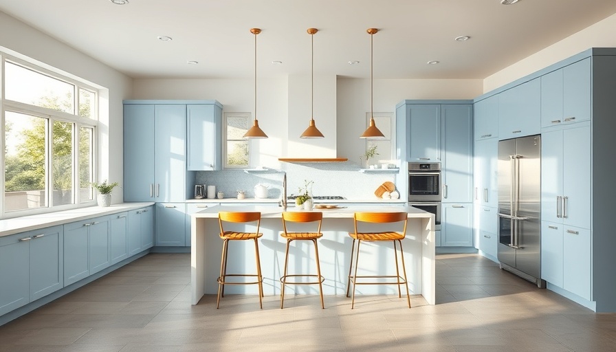Japandi style kitchen with light blue cabinets and an island.
