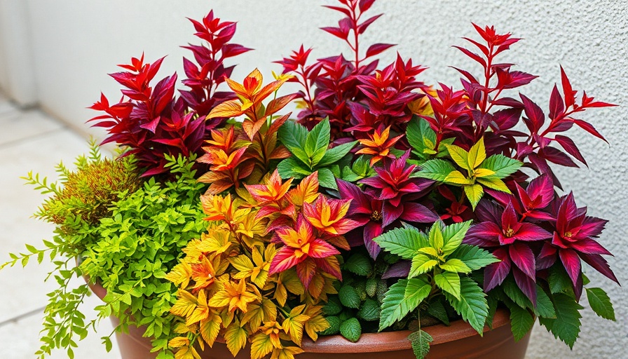 Vibrant fall container garden with deep red and bright foliage.