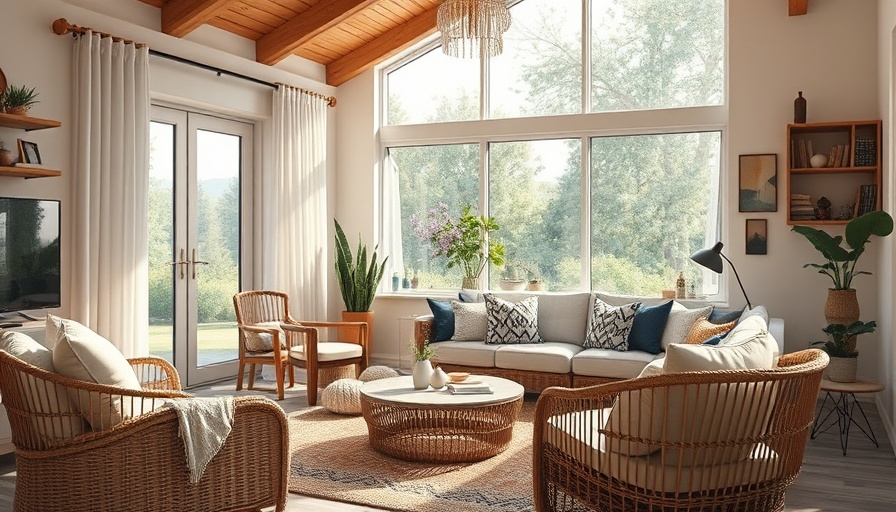High-End Home Features cozy modern living room with wicker furniture.