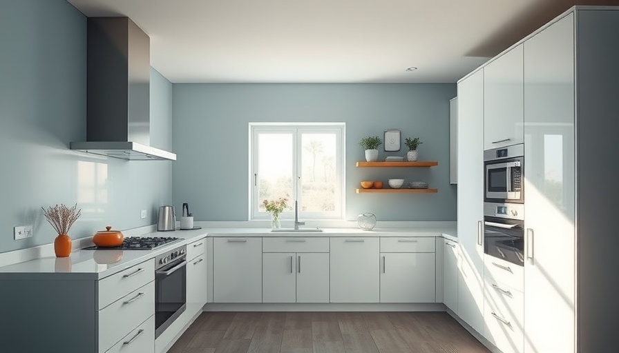 Modern kitchen design with blue white wood accents in sleek setting.